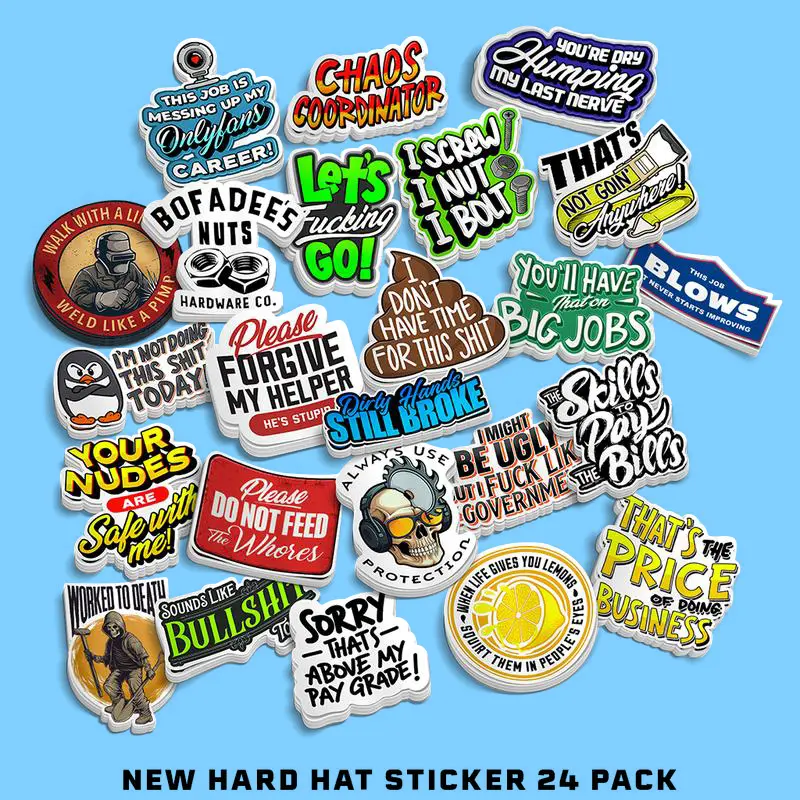 24pk Funny Jobsite Hard Hat Stickers – Vinyl Construction Decals for Toolboxes, Tumblers, Laptops, Work Gear & Adult Gag Gifts