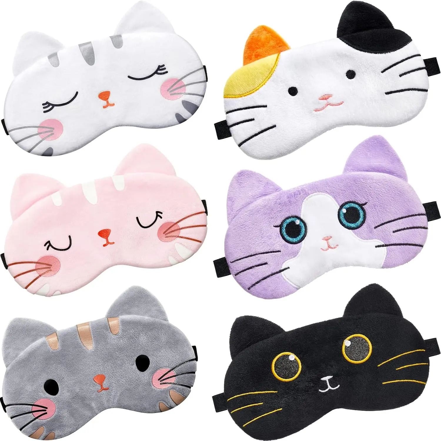 6 PCS Kids Sleep Mask Cute Cat Animal Sleeping Eye Cover Soft Lightweight Eyeshade Sleeping Mask Funny Cat Blindfolds for Women Girls Teens Kitty Slumber Birthday Party