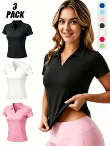 3-Pack Women's Spring Summer Casual Sport Polo Shirts, Workout Sportswear, Gym Top, Soft Stretch Breathable V Neck Top, Ideal for Tennis Fitness Running Hiking
