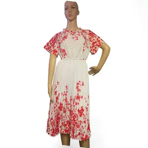 Floral Pleated Midi Dress – Elegant Summer Casual & Occasion Wear with Red Floral Pattern and Pleated Design