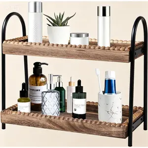 2 Tier Wood Bead Storage Shelf, Bathroom Vanity Organizer for Cosmetic Skincare Perfume, Countertop Organizer for Bathroom Kitchen Coffee Station, Reusable Decorative Shelf