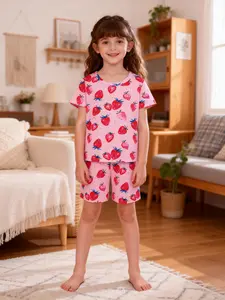 Girls' Sleepwear Set Strawberry Fruit Pattern Soft Comfortable Casual Home Wear, Fitted H-Type Design Cartoon Animal Print, Soft Casual Pajamas, Casual Comfy Pajama