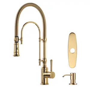 WOWOW Solid Brass Single Handle Pull Down Sprayer Kitchen Faucet with Soap Dispenser in Brushed Gold
