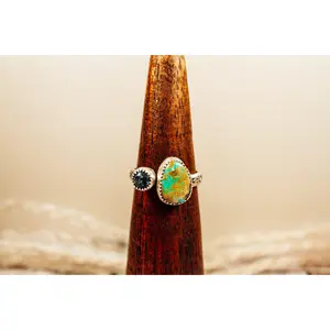 Handmade Bypass - Adjustable Royston Turquoise with White Buffalo Sterling Silver Ring