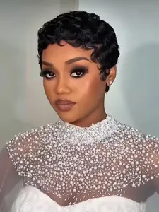 Black Curly Pixie Wig Short Cut Brazilian Remy Glueless Afro Wig Human Hair Wigs For Black Women Full Machine Made Wig No Lace Full Machine Made 150% Density