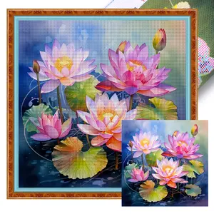 Full Embroidery Eco-cotton Thread 14CT Printed Lotus Cross Stitch Kit 45x45cm