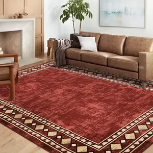 【GARVEE】Washable Area Rug 4x6 Modern Bordered Area Rug for Living Room Bedroom Farmhouse Geometric Border Accent Rug Non-Slip Stain Resistant Floor Cover Throw Carpet for Home Decor, Maroon