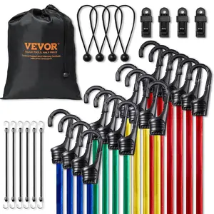 fathersdaygift VEVOR 32 Piece Bungee Cords Assortment, 8 mm Heavy Duty Bungee Straps with A3 Steel Hooks, Including 10, 24, 32, 40, 48, Bungee Ropes Set with Portable Storage Bag, 4 Clips Canopy Ties