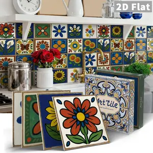 12/24 PCS Gift Box GST Art PE Crystal Tile Stickers Wall Decal Vintage Mexican Floral Square Waterproof Oil-Proof Home Decor for Kitchen Bathroom Walls Floors Tiles