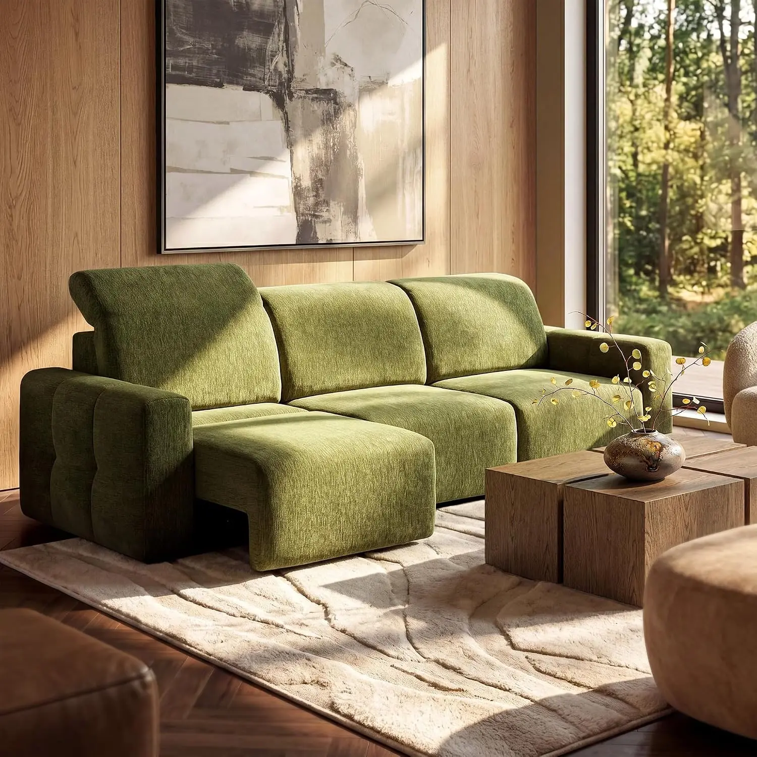 120.9" Power Reclining Sofa, Chenille Reclining Couch with Dual Motor Adjustable Headrest & Footrest, Deep Seat Modular Sofa for Living Room & Home Theater, Olive Green