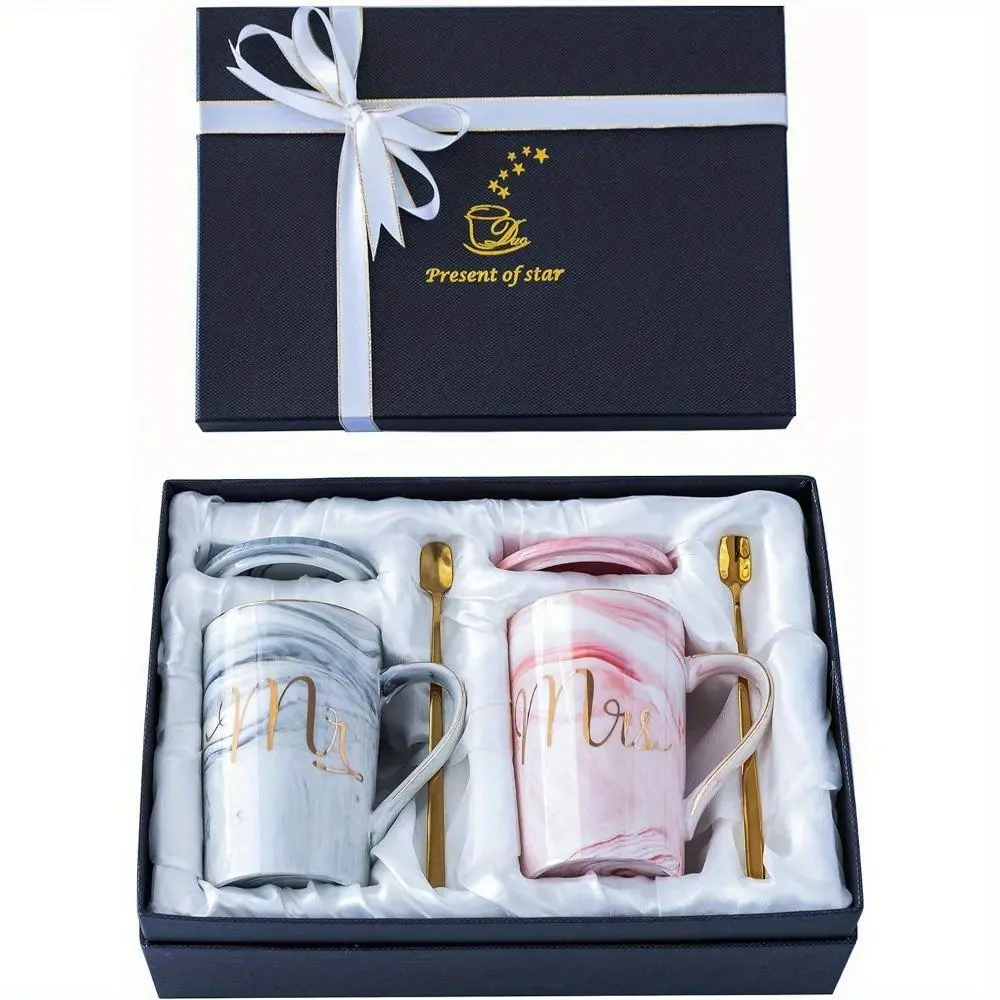 Present of Star Mr & Mrs Coffee Mugs Wedding Gifts for Bride and Groom Ceramic Marble Cups 14 Oz Pink Romantic Couples Gift for Weddings Anniversaries