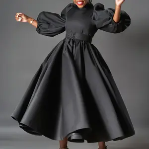 Plus-size women’s clothing — European and American loose fit, solid color, large-skirted dresses with puff sleeves; available as midi/medium-length or maxi/long dresses; African-style dresses