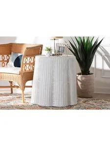 bali & pari 193271452941 Palm Bohemian Scalloped Rattan End Table, White