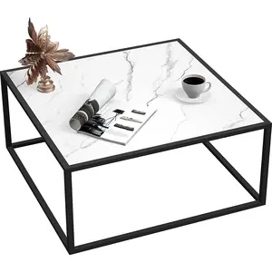 White Coffee Table,Small Square Coffee Table,Modern Center Table for Living Room Office 27.6 * 27.6 * 15.7 Inch, Easy Assembly, White Faux Marble Top