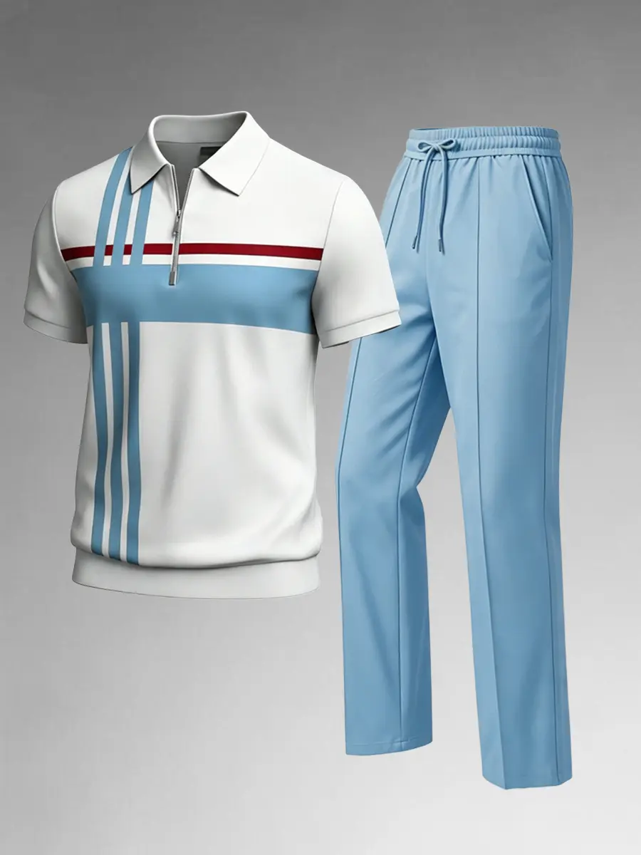 Men's Clothes 2-Piece Casual Wear Set - Stylish Solid Color Menswear with Short Sleeve Zipper Top and Matching Long Pants, Men's 2 Piece Sets, Two Pieces