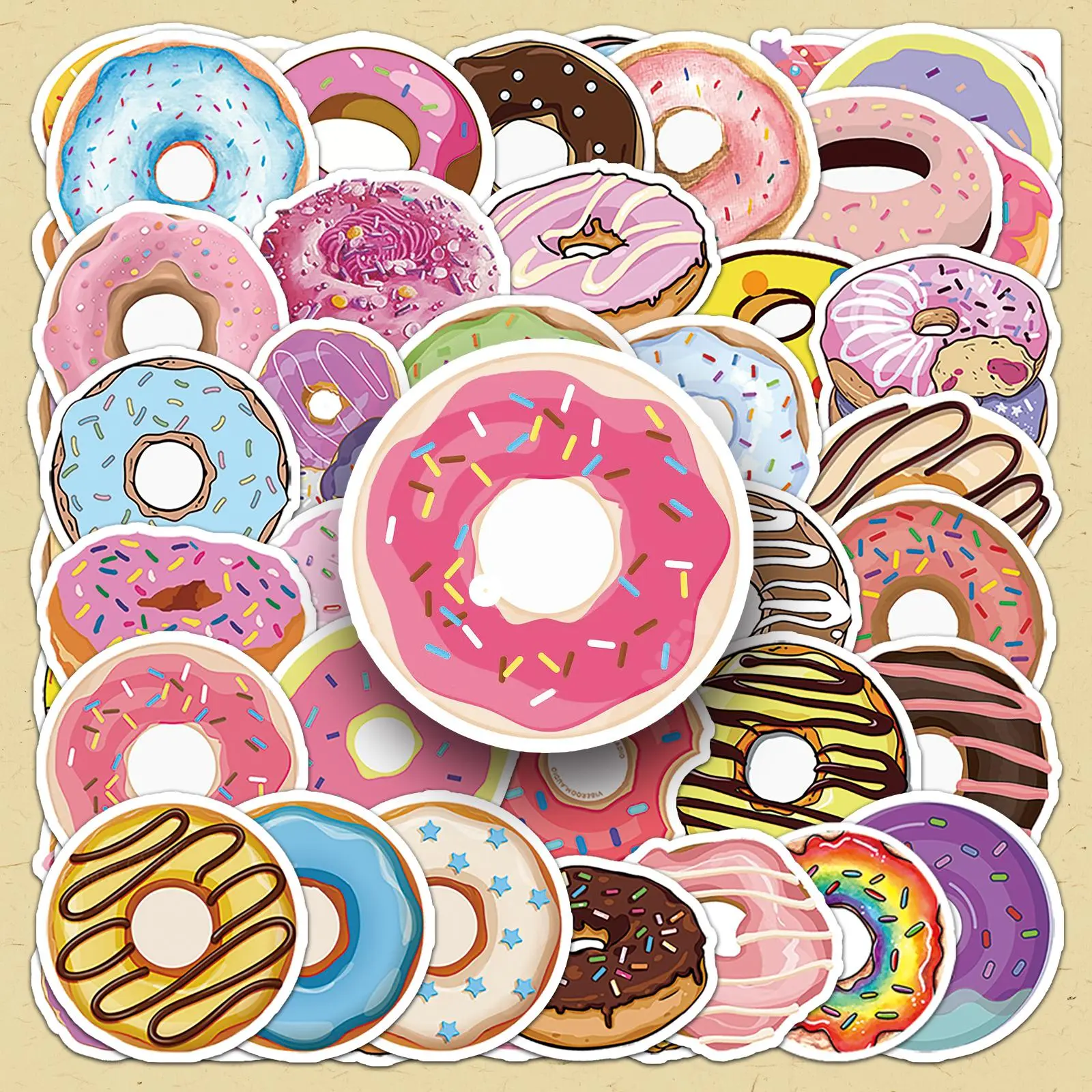Cartoon Donut Pattern Sticker, 50pcs/set Cute Decorative Sticker, DIY Decals for Scrapbooking, Journaling, Gift Wrapping, Greeting Card