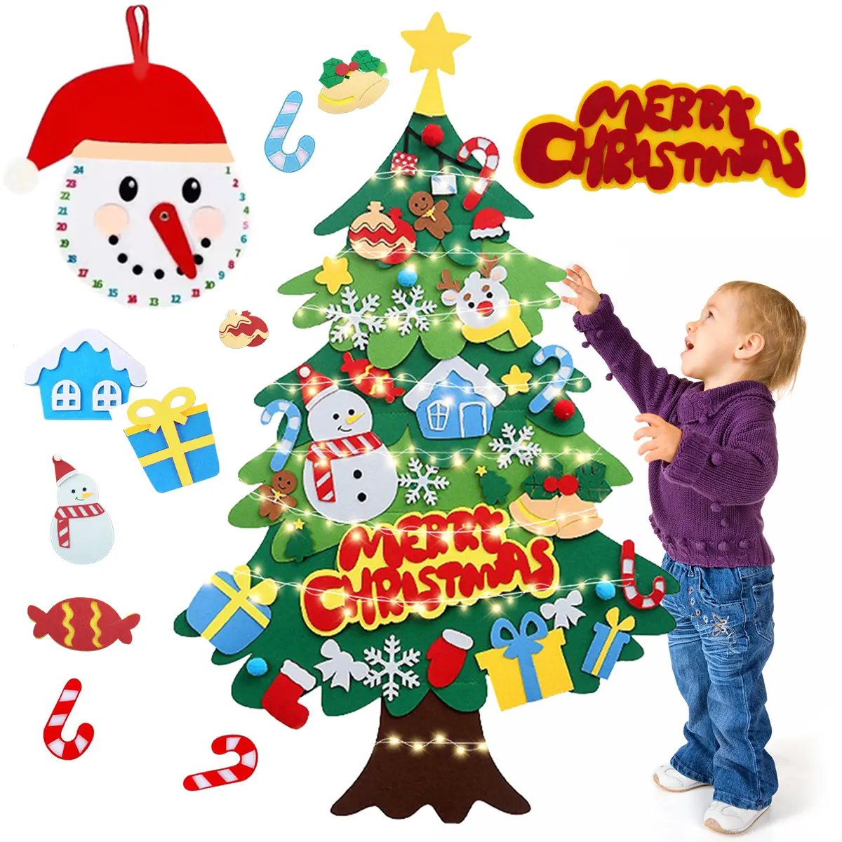 Soft Felt DIY Christmas Tree for Toddlers, 3.2ft Wall Hanging Art Deco Craft Kit with LED String Light, 38/45 Detachable Ornaments, Customizable Folded Pack for Fine Motor Skill Development, Xmas Gift Home Decor