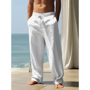 Men's Linen Pants - Non-Stretch Formal Pants, Elastic Drawstring Waist, Loose Fit Trousers for Beach, Office, Parties - Machine Washable Casual Formal Attire for s &