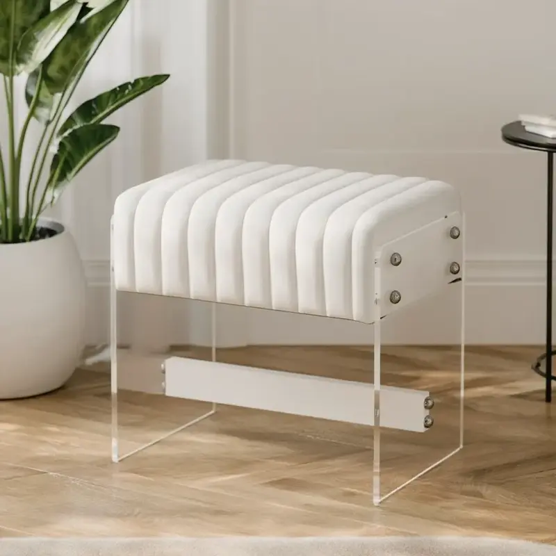 Dressing Stool with White PU Leather Seat, High-Density Sponge Cushion, and Transparent Acrylic Legs – Modern Minimalist Vanity Stool for Bedroom, Entryway, and Living Room