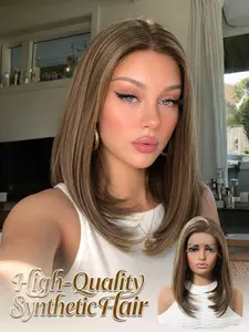 Women's Medium Length Wig, Highlighted Blonde Center Part, Heat Resistant Straight Hair, Natural Look, All Seasons Wear