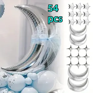 54pcs of party holiday decoration set Aluminum foil balloon Moon set reusable time-saving and labor-saving waterproof and oil-resistant balloon decorations Easy to operate suitable for Christmas, engagement, wedding, birthday and other partie White summer