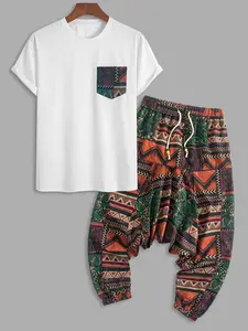 Men's 2-Piece Boho, Aztec Print T-Shirt & Harem Pants Set, Casual Tribal Vacation Loungewear Tracksuit, Random Print Design