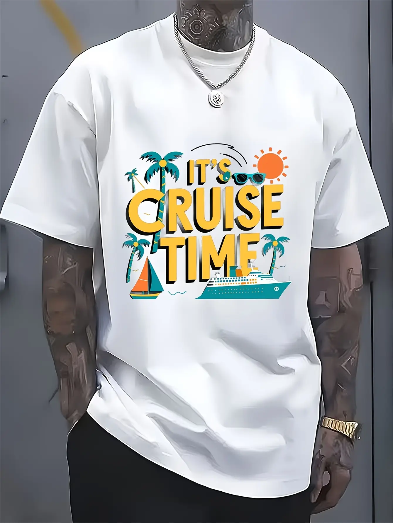 Men's Casual Crewneck "It's Cruise Time" Tropical Vacation Short-Sleeve T-Shirt