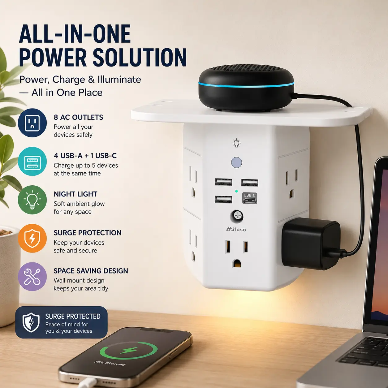 Wall Outlet Extender with Shelf and Night Light, Surge Protector, Wall Mount Charger Multi Plug Expander with 5 AC Outlets and 3 USB A Ports 1 USB C, Wide Space 3-Sided Power Strip Multi Plug Outlets