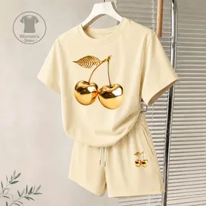 Women's Golden Cherry Graphic Short Sleeve T-Shirt And Shorts Set, Casual Summer Two-Piece Outfit With Crew Neck Top And Drawstring Waist Shorts For Daily Wear