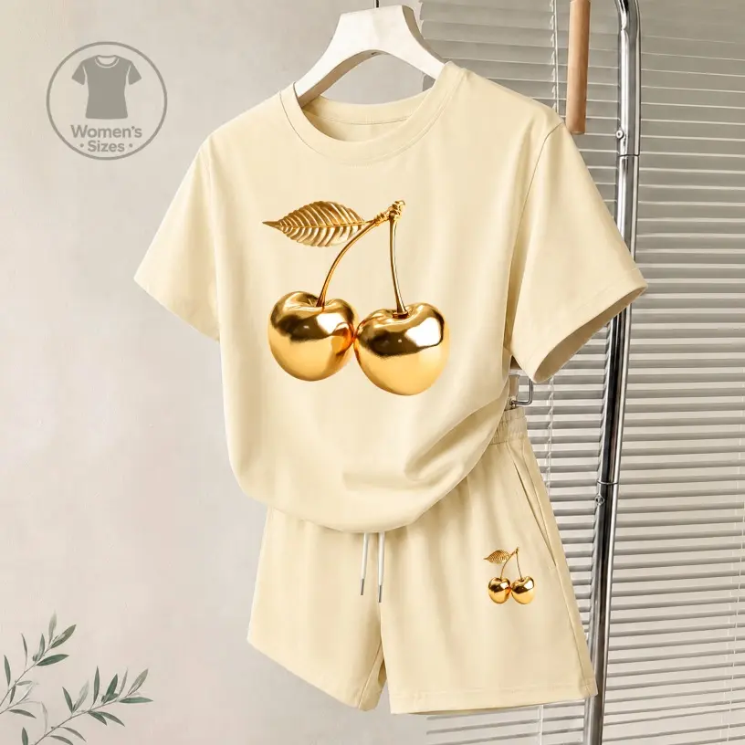 Women's Golden Cherry Graphic Short Sleeve T-Shirt And Shorts Set, Casual Summer Two-Piece Outfit With Crew Neck Top And Drawstring Waist Shorts For Daily Wear