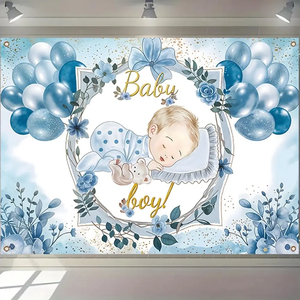 Baby Boy Theme Background Banner, 1 Count Baby Sleeping Pattern Decoration, Wall Hanging Decor for Home Living Room Bedroom Photography, Ornaments, Shimmer Wall Backdrop, Photo Backdrops