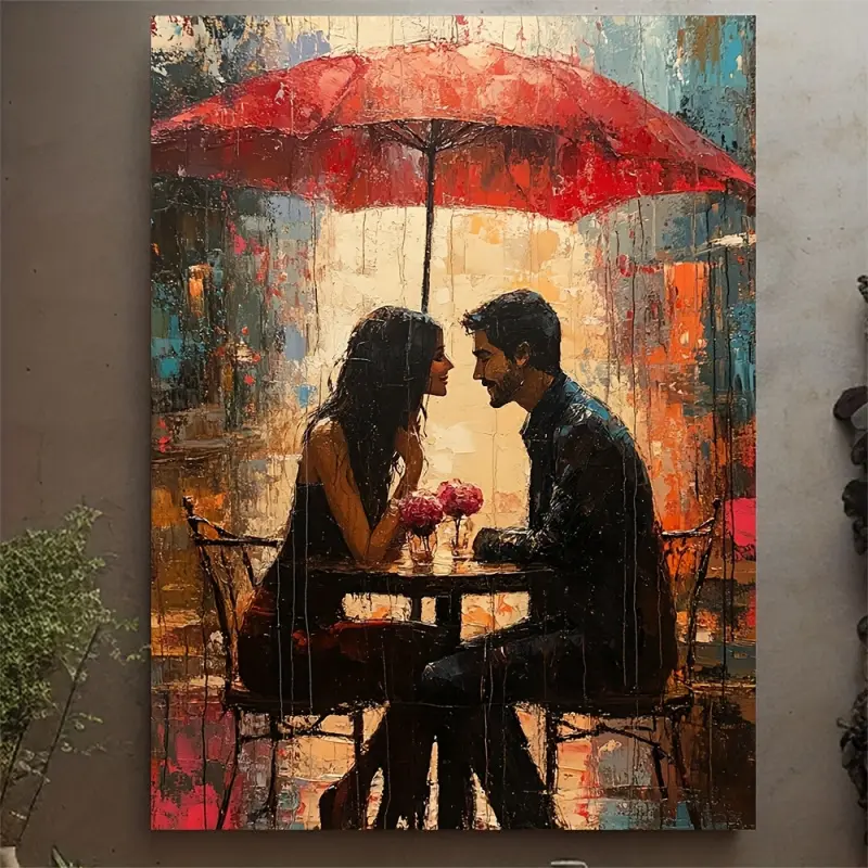 1 Piece Romantic Couple Canvas Painting - Valentine's Day Gift, Modern Home Decoration with Vintage Wooden Frame, Vibrant Colors and Expressive Brushstrokes, Ready-to-Use for Living Room and Bedroom Wall Hanging, Cute Room Decoration, Textured Artwork, Hi