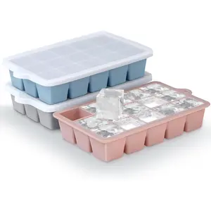 Silicone Ice Cube Trays 3Packs, Easy Release Ice Cube Molds with Lid, Freezer Stackable Ice Maker for Whiskey, Baby Food, BPA Free (Blue+Grey+Pink)