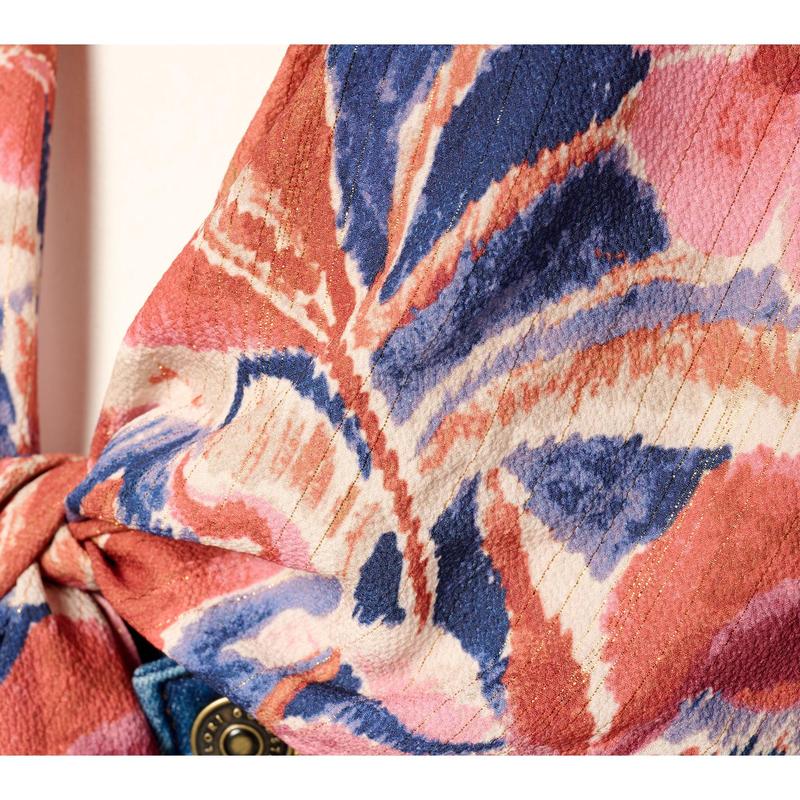 Susan Graver Printed Woven Tie Front Cardigan with Lurex