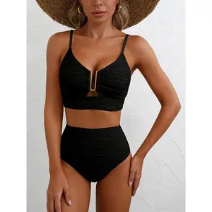 SpringStatements 2 Piece Bikini Set U-Wire Cutout Swimsuit High Waisted Textured 2026 Summer Swimming Clothing Beach Water Sports Tummy Control Swimwear