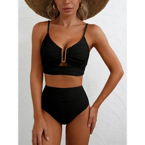 Women's 2-Piece Ruched High-Waisted Bikini Set - SpringStatements U-Wire Triangle Top, Textured Tummy Control Polyester Beach Outfit Variant, High-Stretch Breathable Cheeky Sports Swimwear for Plus Size 2026 Summer