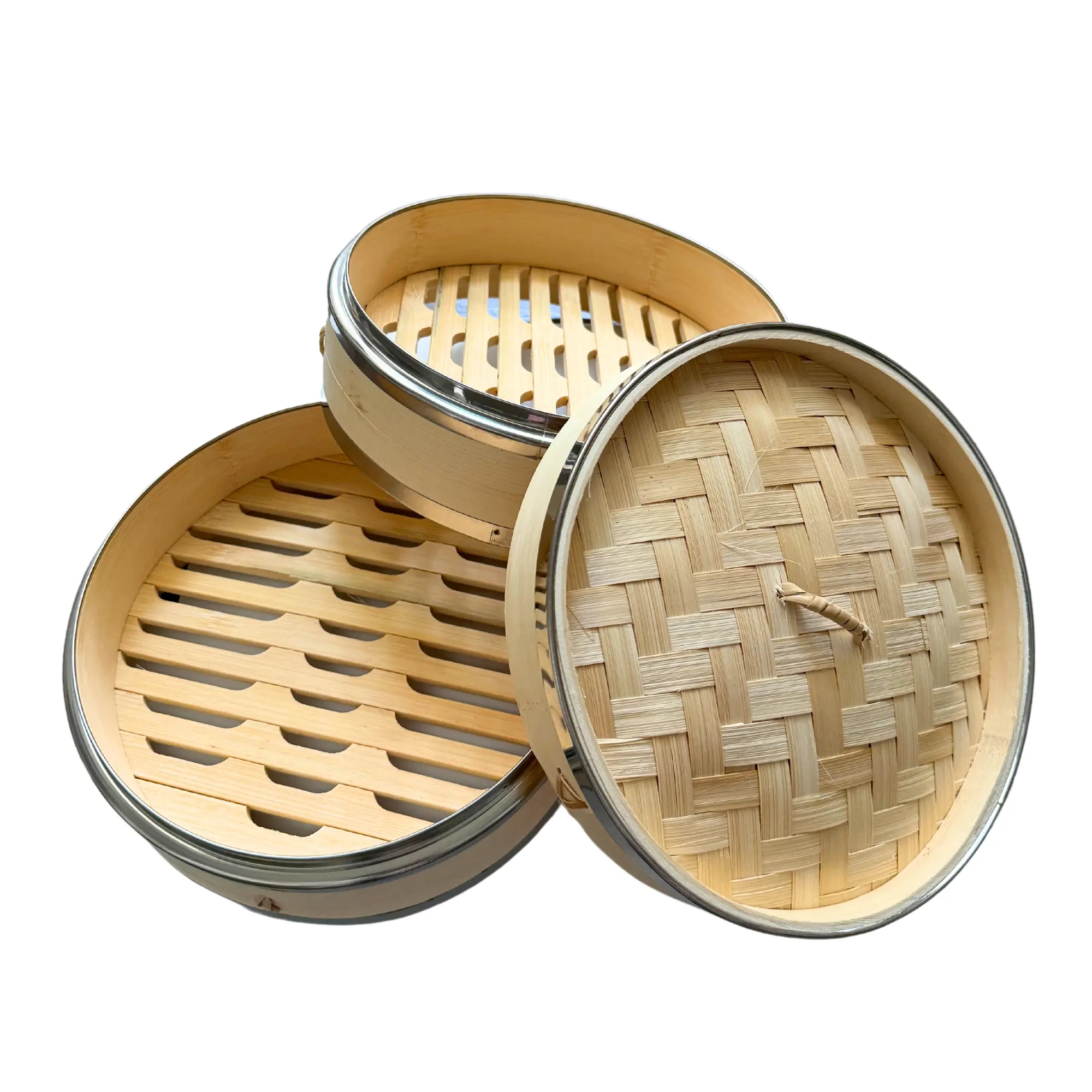 Thy Home Multi-Size Natural Bamboo Steamer Basket Set - 2-Layer Kitchen Cookware with Stainless Steel Banding, Moisture-Lock, Stackable, Water-Resistant - For Dim Sum, Dumplings, Healthier Cooking, 3 Size Options