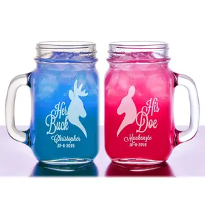 Her Buck His Doe Mason Jar Wedding Glasses Personalized Mug Handle Engraved Buck and Doe Barn Hunter Country Anniversary Engagement Set of 2