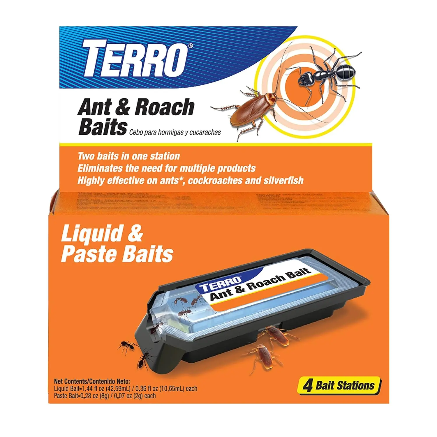 TERRO Ant & Roach Bait T360 4-Pack - Indoor Ant Killer and Roach Killer, Pre-Filled Dual Bait Stations Attract and Kill Ants, Roaches, and Silverfish, Ready-To-Use Indoor Bait with Twist Tab