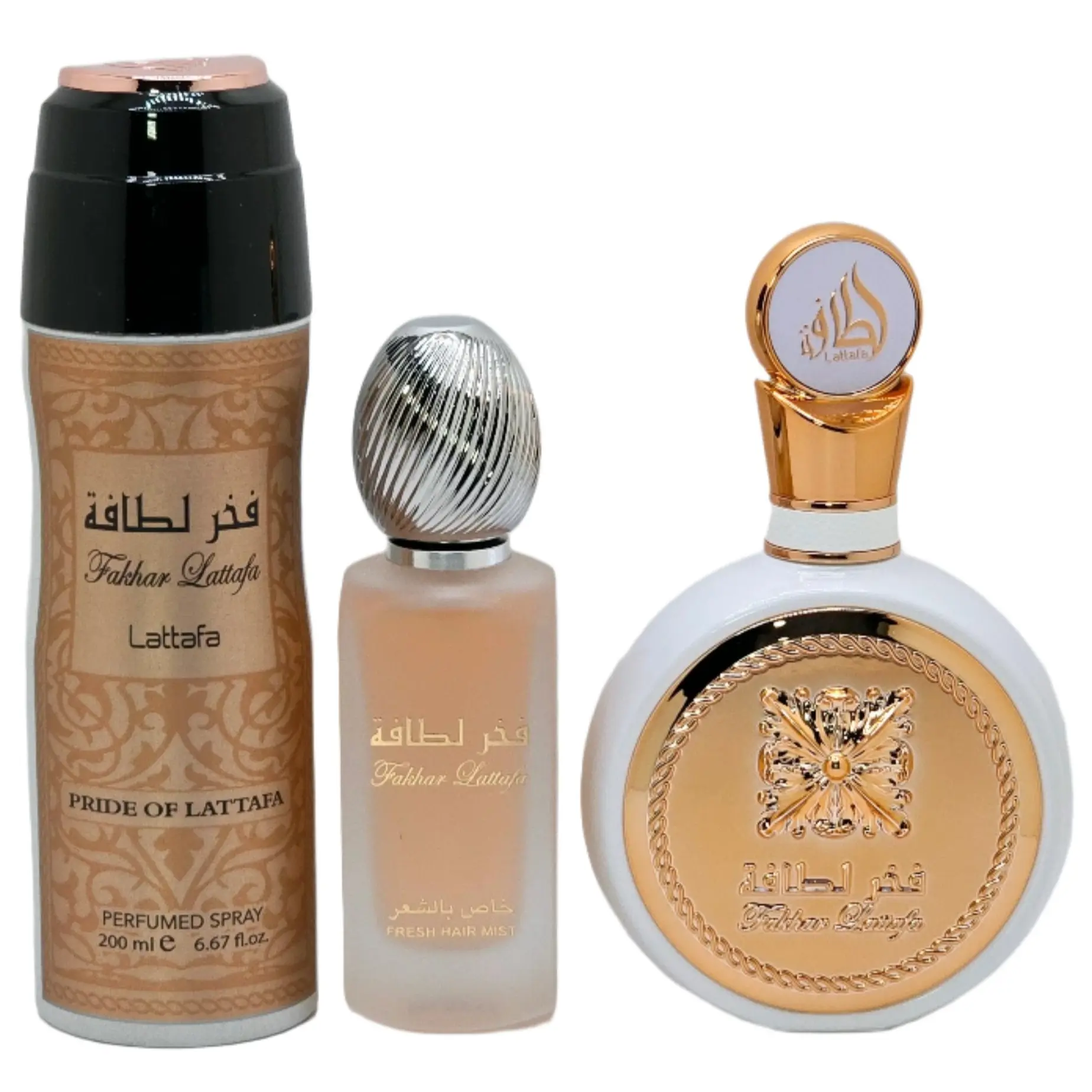 Lattafa Fakhar 3-piece Gift Bundle Set for Women ( Eau de Parfum Spray 3.4 Ounce, Hair Mist 1.7 Ounce and Deodorant Spray 6.7 Ounce )