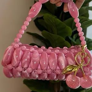 Bubblegum Handmade Beaded bag  for Outing  Beaded Purse with cherry charm and Zipper Closure