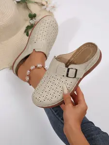 Women's Black Laser Cutout Buckle Strap Mule Shoes, Closed Toe Slip-On Flats, Breathable Casual Summer Footwear.Breathable cutout mule shoes, closed toe slip-on flats, buckle strap casual shoes, summer walking footwear, non-slip comfort mules.