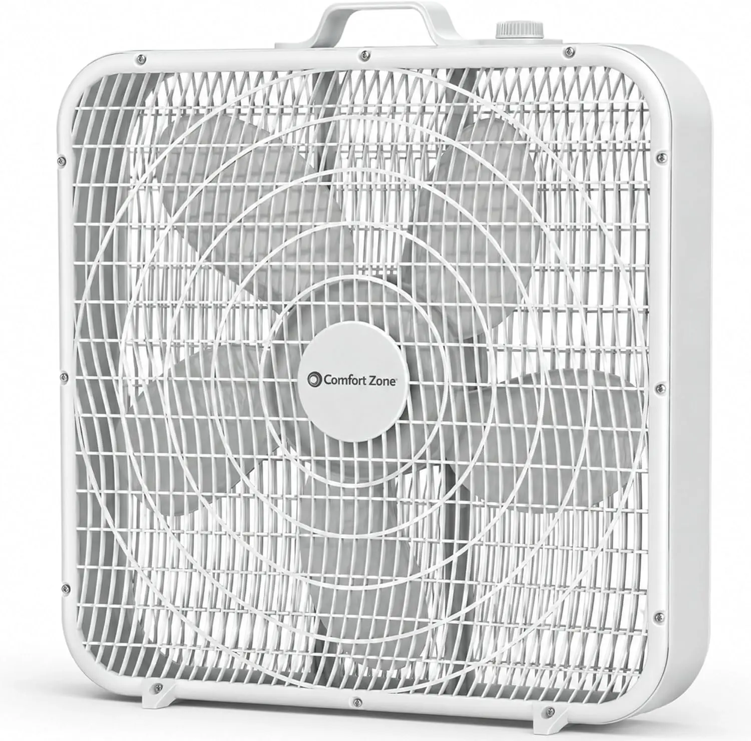Comfort Zone Box Fan with Carry Handle, 20 inch, 3 Speed Full-Force Air Circulation Window Fan, Bedroom Floor Fan with 5 Blades, White Noise Cooling Fan, White