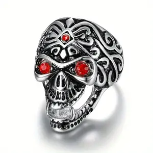 Gothic Hip-hop Patterned Totem Inlaid with Red Synthetic Zircon Skull Stainless Steel Ring Suitable for Men's Daily Leisure, Halloween, Father's Day, Holiday Parties Perfect Accessory