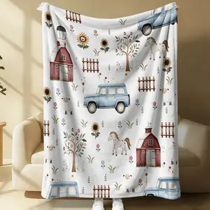 Farmhouse Cute Farm Animal Throw Blanket, Barn Truck Sunflower Print Flannel Blanket, Soft Cozy Warm Fleece Blanket, For Sofa Bed Couch Nursery Living Room, Cute Children's Room Decorations