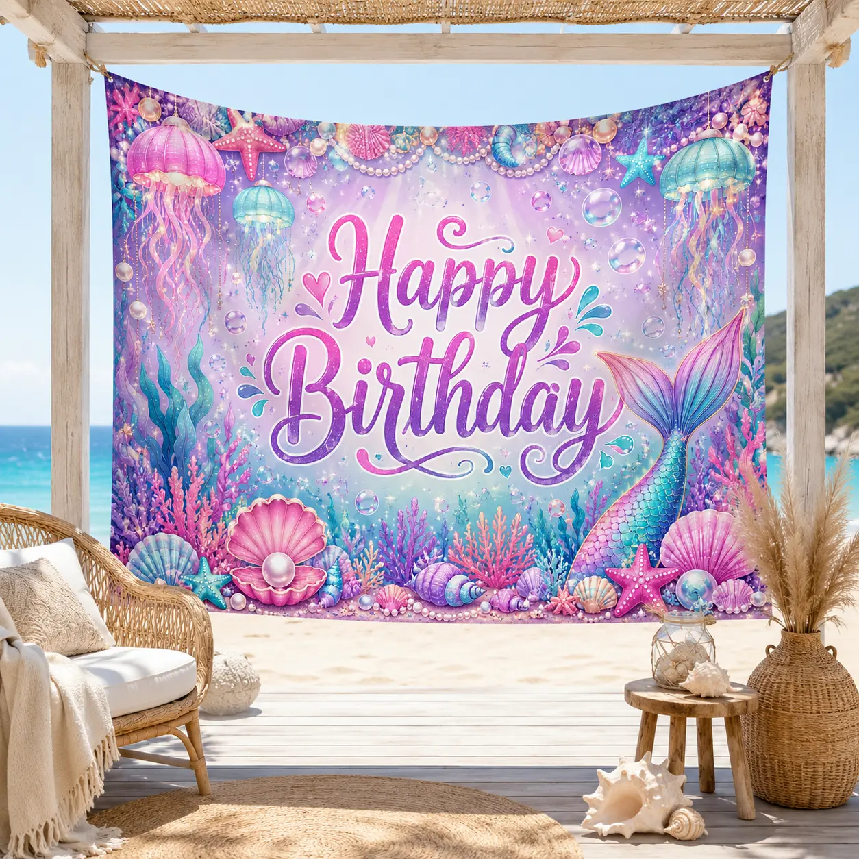 Magical Pastel Pearl Neon Blue Synthetic Jellyfish Mermaid Birthday Backdrop Tapestry, Indoor Room Under the Sea Party Decor for Girls, Festive Photo Booth Wall Hanging Banner