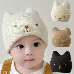 Children's Cute Knit Bear Ear Beanie Hat - Polyester, Hand Wash, Stretch Fit, Lightweight Toggle Closure, Fall/Winter Season, Daily & Casual, Thanksgiving Occasion, 0-3 Years - White