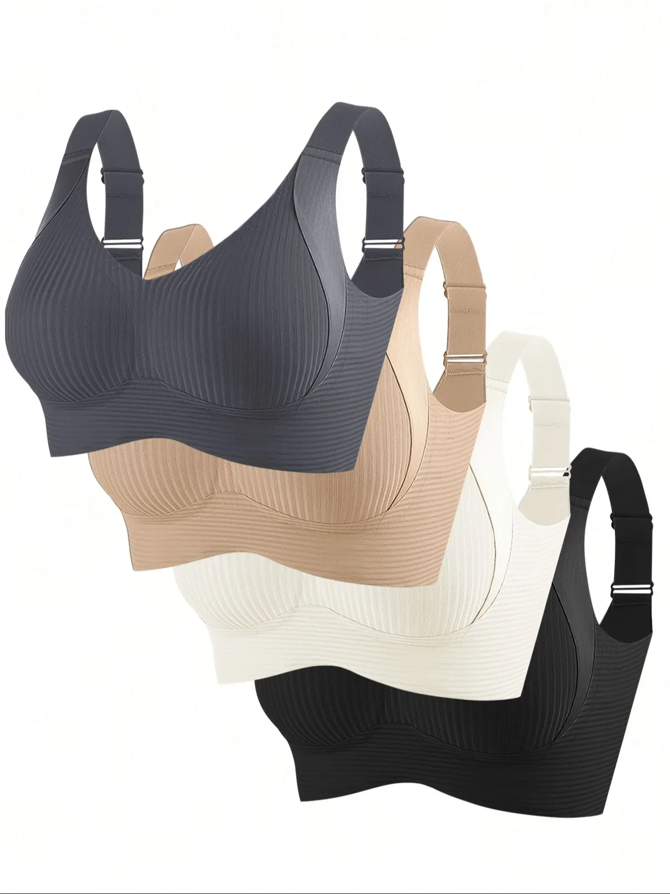 Comfortable Seamless Ribbed Bra Set Underwear Women, Adjustable Bras, Push-Up & Ganza Function, Adjustable Wide Shoulder Straps, Hook-And-Eye Closure, Soft Support Fit, Wireless No Steel Cup Design