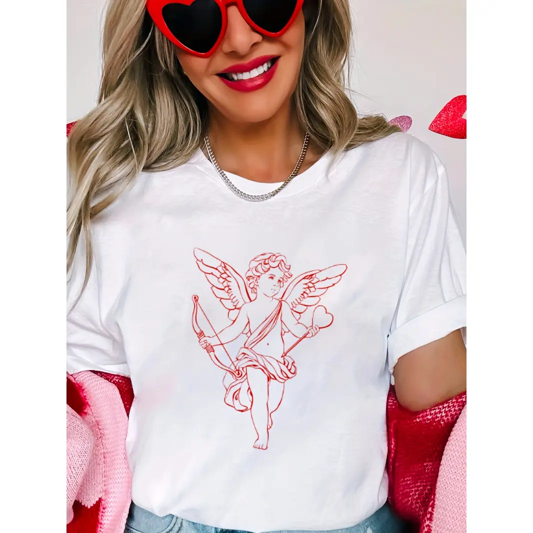 Women's Cotton Short-Sleeve Graphic T-Shirt - Cupid Angel Line Art Heart Print, Casual Summer Streetwear Top, Cute Valentine Outfit Gift for Her (Angel Graphic Women's T-Shirts), Shortsleeve, Tshirt