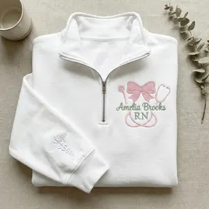 [MADE IN US] Custom Nurse Embroidered Quarter Zip, Personalized RN Pullover, Coquette Nurse Gift with Bow, Amelia Brooks RN Sleeve Embroidery